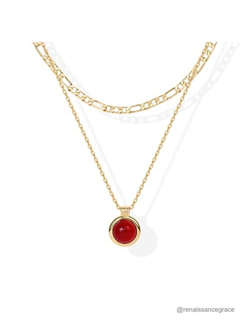 14K Gold Plated Layered Pendant Necklace with Carnelian Stone Adjustable Chain